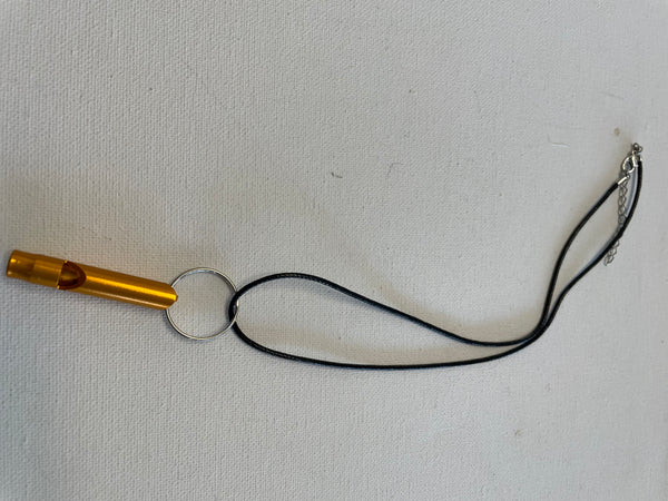 2"Whistle on 20"Black rope Necklace w/3"ext Shirley Ollison-gold