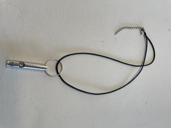 2"Whistle on 20"Black rope Necklace w/3"ext Shirley Ollison-silver
