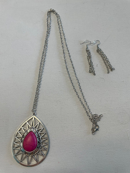 Silver Necklace earring set Shirley Ollison-large pendent with pink teardrop stone