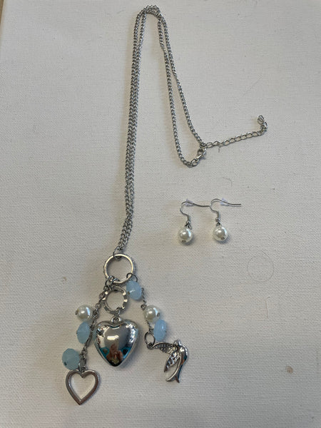 Silver Necklace earring set Shirley Ollison-light blue stones with small silver heart pendent w/white ball dangle earrings