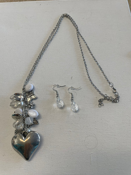 Silver Necklace earring set Shirley Ollison-oval white stones with butterfly smll & silver heart pendent w/clear dangle earrings