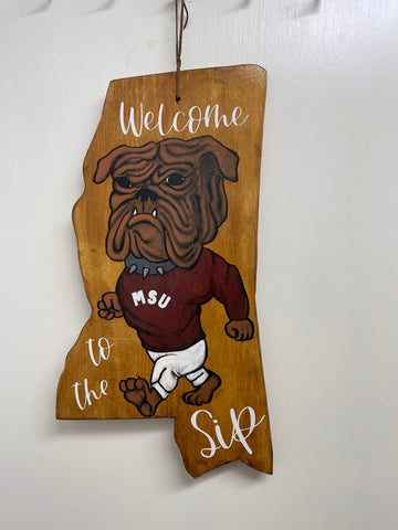 Handmade Wood Door hangers-state of mississippi bulldog (welcome to the sip)