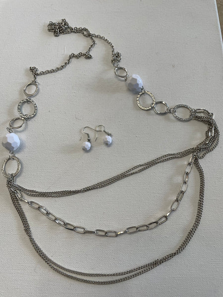 Silver Necklace earring set Shirley Ollison-white balls with silver rings white balls dangle earrings