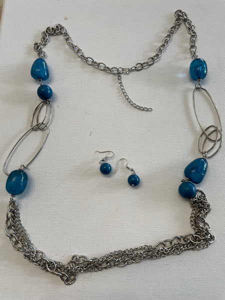 Silver Necklace earring set Shirley Ollison-oval blue stones with large oval silver w blue ball dangle  earrings