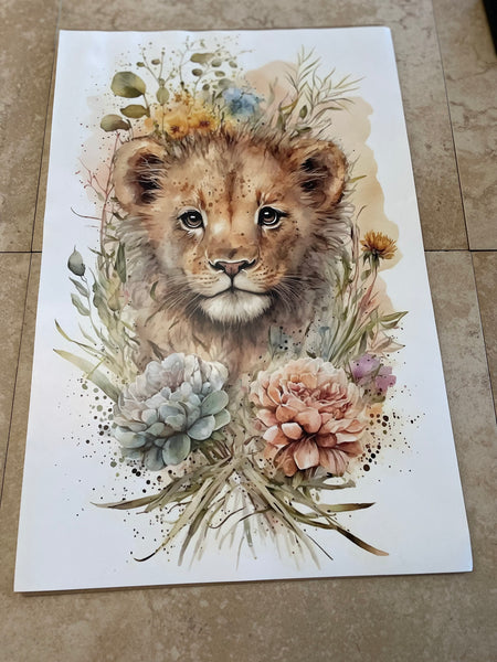 11 1/2" x 17 1/2" Animal Prints -baby Lion/floral (unframed) OhhMy! Gifts and Things, LLC