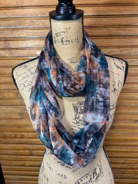 Vintage Scarf/infinity orange teal & black