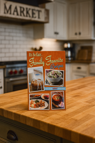 Cookbook titled 'It’s So Easy… Family Favorite Recipes' by Krista Griffin, displayed on a wooden kitchen counter.