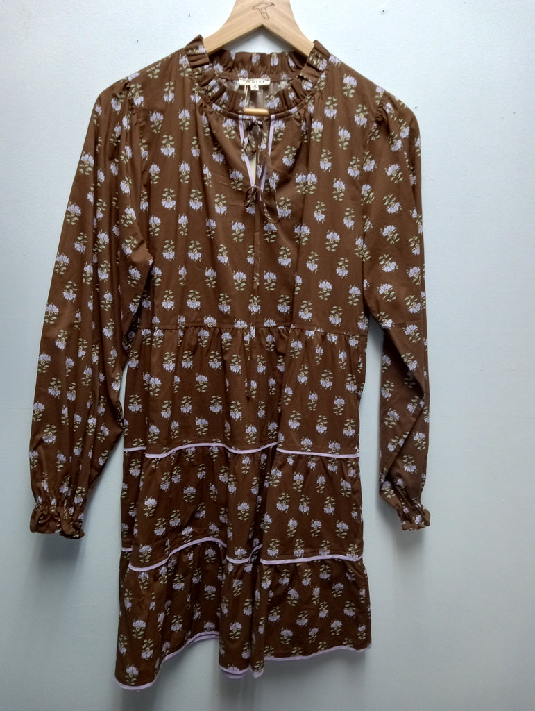 JODIFL Brown dress w/lavender/green Floral design/ruffle neck w/tie