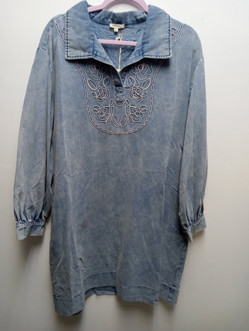 JODIFL Denim Dress W/collar floral embroidery design