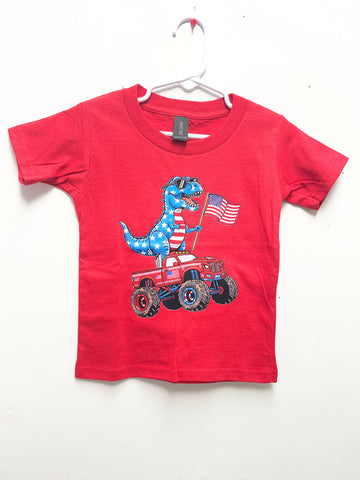 Kids Red T-shirt w/Dino n Truck w/American Flag