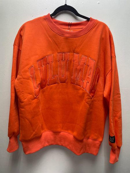 LULU MAC Orange Sweatshirt on black hanger