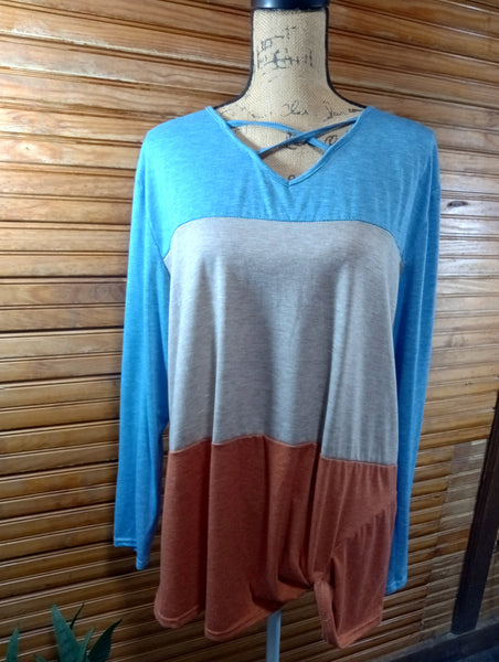 Long Sleeve Block Shirt w/Cute Lattice Collar OhhMy! Gifts and Things, LLC