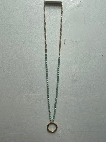 Make a Wish 30 inch aqua beaded necklace with large gold round pendant, handcrafted boho statement jewelry"
