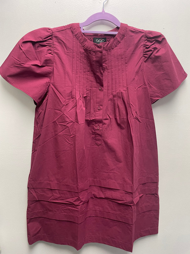 GiGiO Pleated Midway Button Up Maroon Dress w/melon sleeve Amanda Queen