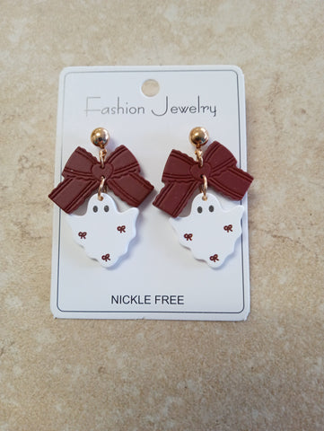 Maroon bow/white ghost stud earrings