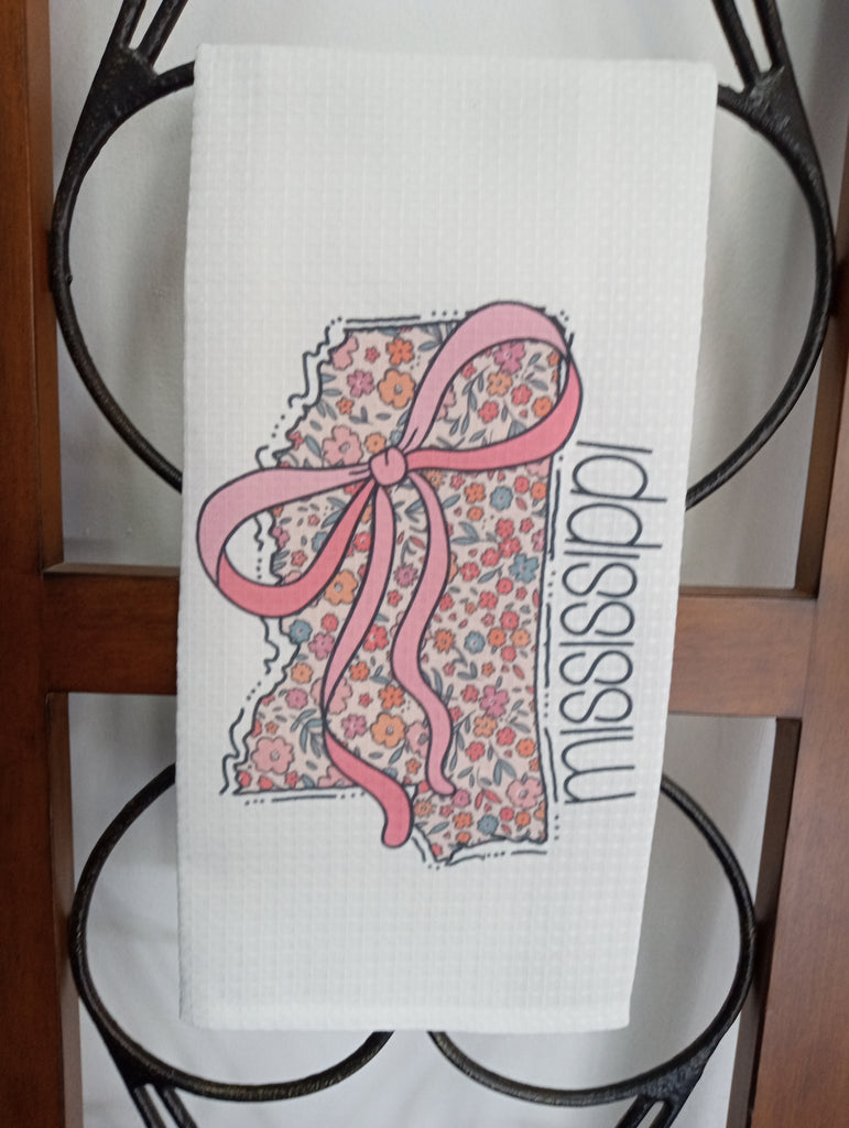 White Waffle Kitchen Towel | Mississippi & Pink Bow Design