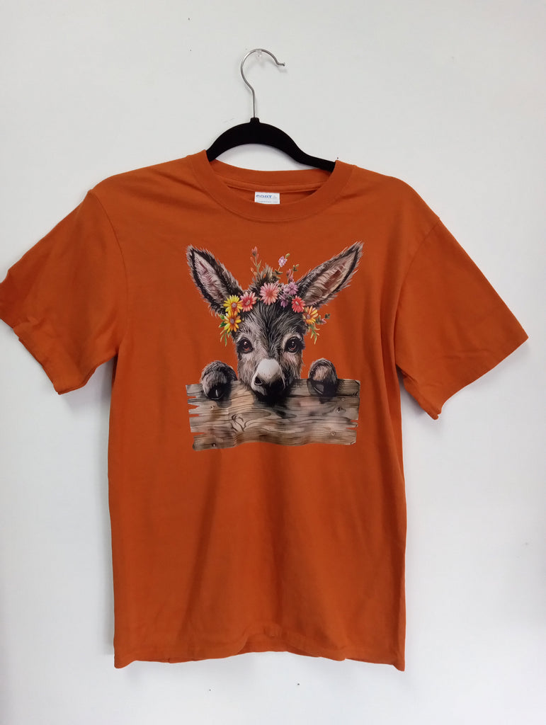Port & Company Orange Fall T-Shirt with Donkey & Fence Graphic