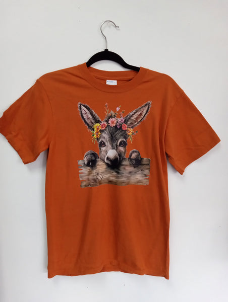 Port & Company Orange Fall T-Shirt with Donkey & Fence Graphic