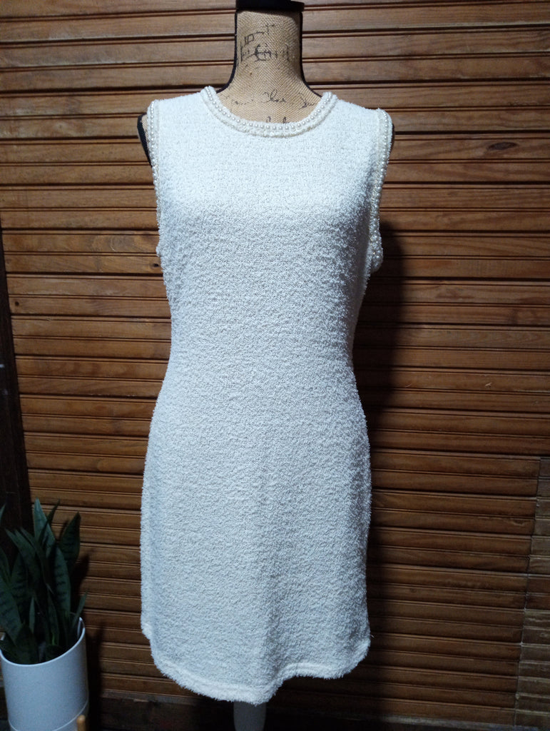 Prelove Fore-Large Sleeveless Cream Dress w/faux pearl lining neck & arms-Handwash only