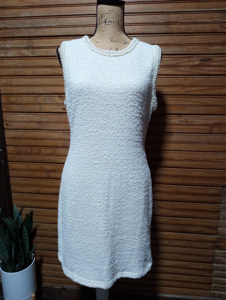 Prelove Fore-Large Sleeveless Cream Dress w/faux pearl lining neck & arms-Handwash only