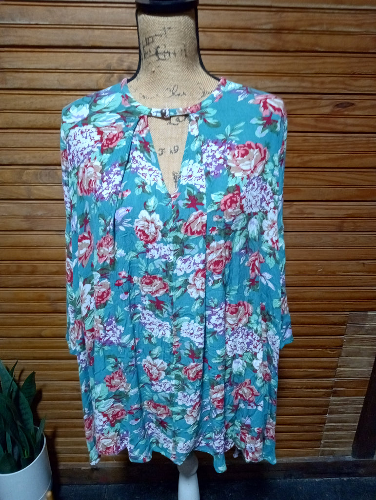 Preloved Umgee Mini Green/floral Dress w/ V button neck
