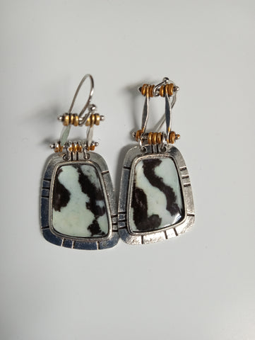 Retro Geometric Bohemian Black & White drop Silver Earrings