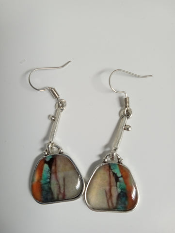 Retro Geometric Brown/blue/Orange Drop Silver Earrings