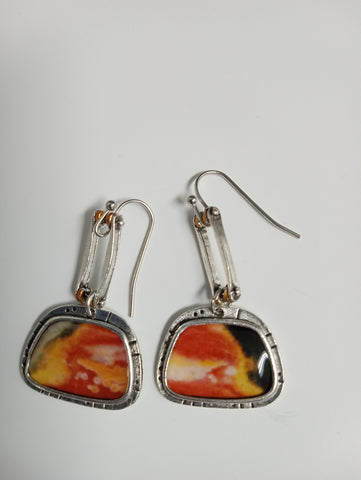 Retro Geometric Orange/Yellow Drop Silver Earrings