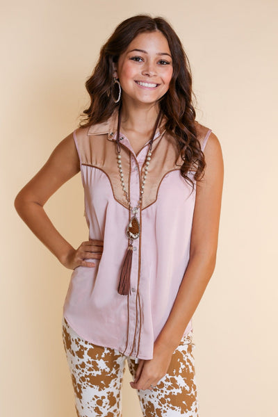Sleeveless Satin Western Fringe Top