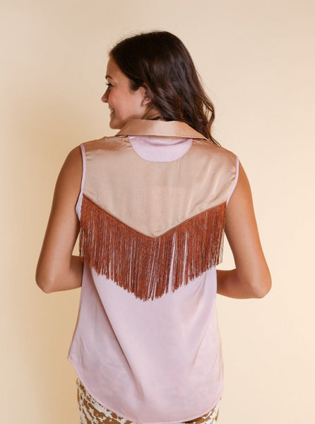 Sleeveless Satin Western Fringe Top