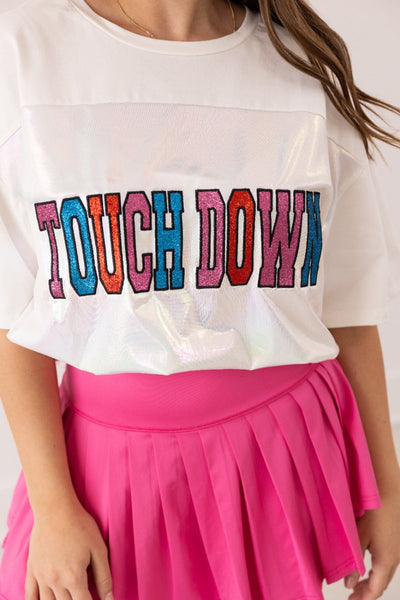 Glitter "Touchdown" on White T-Shirt Grace+Emma