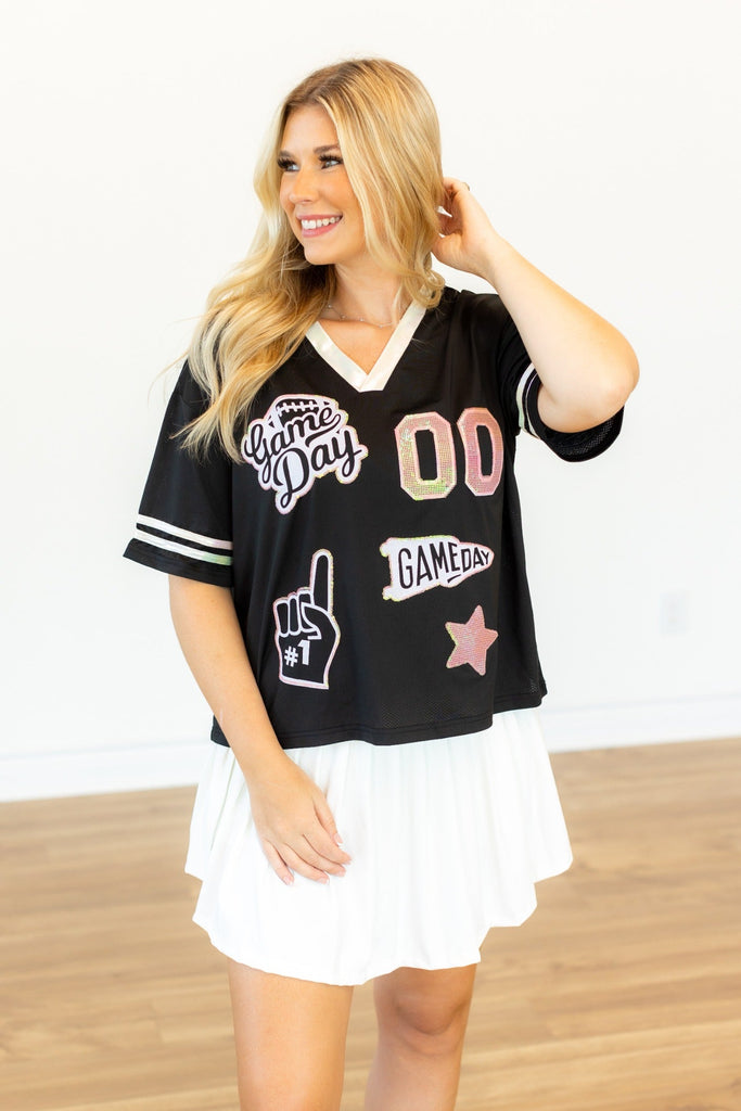 Gameday Black Jersey With Iridescent Sequin Grace+Emma