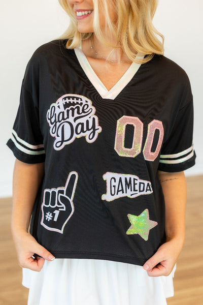 Gameday Black Jersey With Iridescent Sequin Grace+Emma