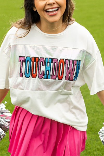 Glitter "Touchdown" on White T-Shirt Grace+Emma
