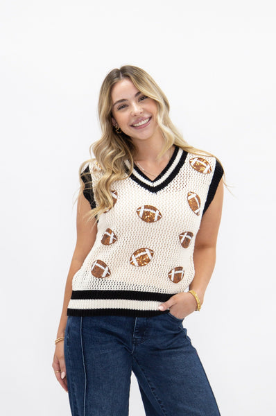 Glitter Football Patches Knit White Vest Grace+Emma
