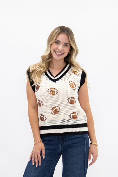Glitter Football Patches Knit White Vest Grace+Emma