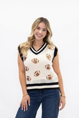 Glitter Football Patches Knit White Vest Grace+Emma