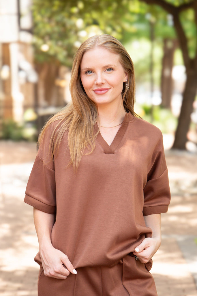 Butter Soft V-Neck Top, Brown Grace+Emma