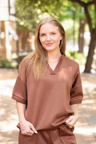 Butter Soft V-Neck Top, Brown Grace+Emma