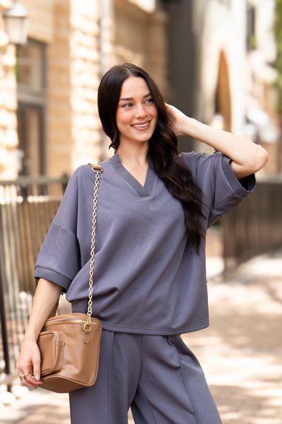 Butter Soft V-Neck Top, Slate Blue Grace+Emma