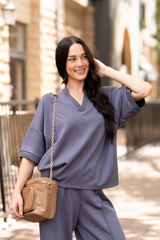 Butter Soft V-Neck Top, Slate Blue Grace+Emma