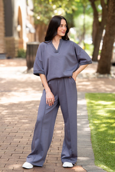 Butter Soft V-Neck Top, Slate Blue Grace+Emma