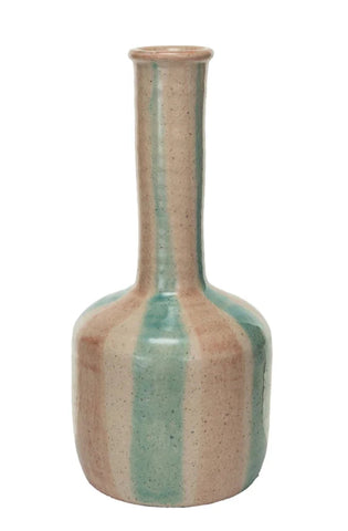 Large Terra Cotta Vase w/stripes-teal-coral-cream long neck