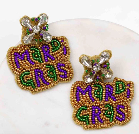 Mardi Gras Stud Earrings-beaded Gold purple green 