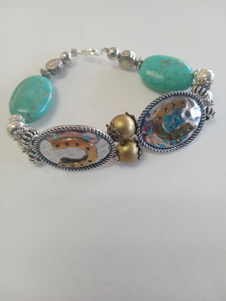 Silver-Tone Slip-On Horseshoe Bracelet with Teal cracked Aztec-Style Stone