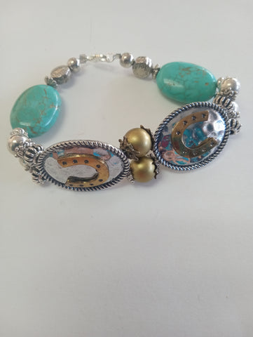 Silver-Tone Slip-On Horseshoe Bracelet with Teal cracked Aztec-Style Stone