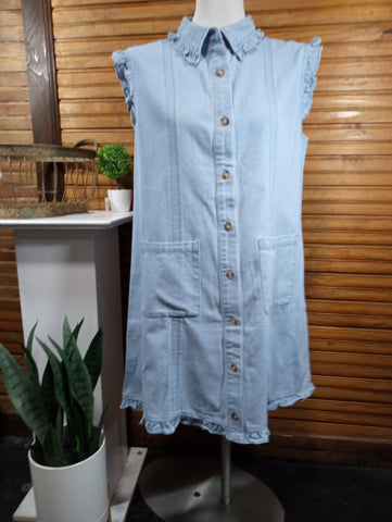 Sleeveless w/ruffle Denim dress w/front pockets Amanda Queen
