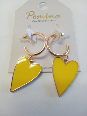 Small Gold Hoop Earrings with Yellow Heart Pendant Trim in Gold