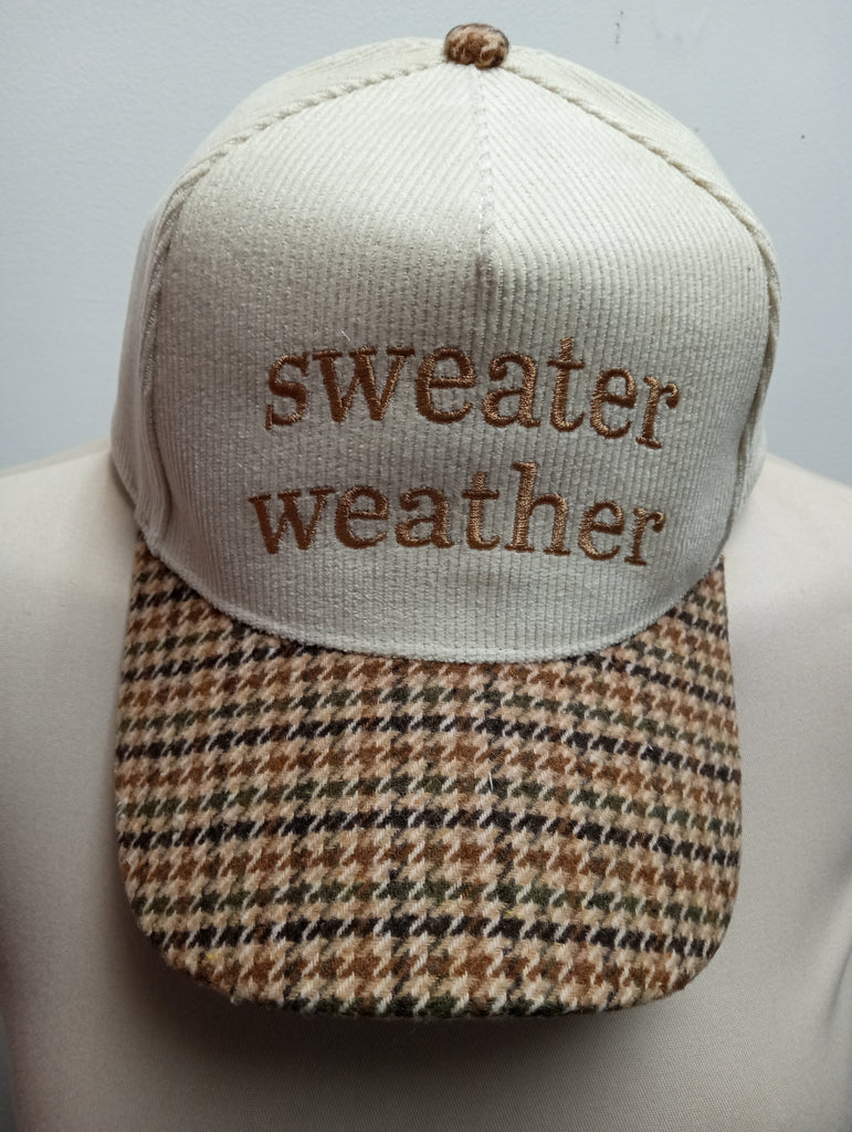 Sweater Weather Embroidered Corduroy Beige Plaid Brim Fall Hat