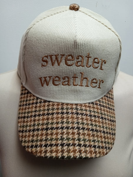 Sweater Weather Embroidered Corduroy Beige Plaid Brim Fall Hat